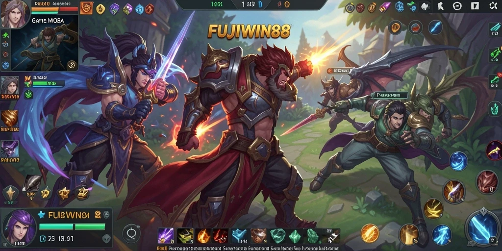 Tampilan aksi intens dalam permainan MOBA FUJIWIN88.