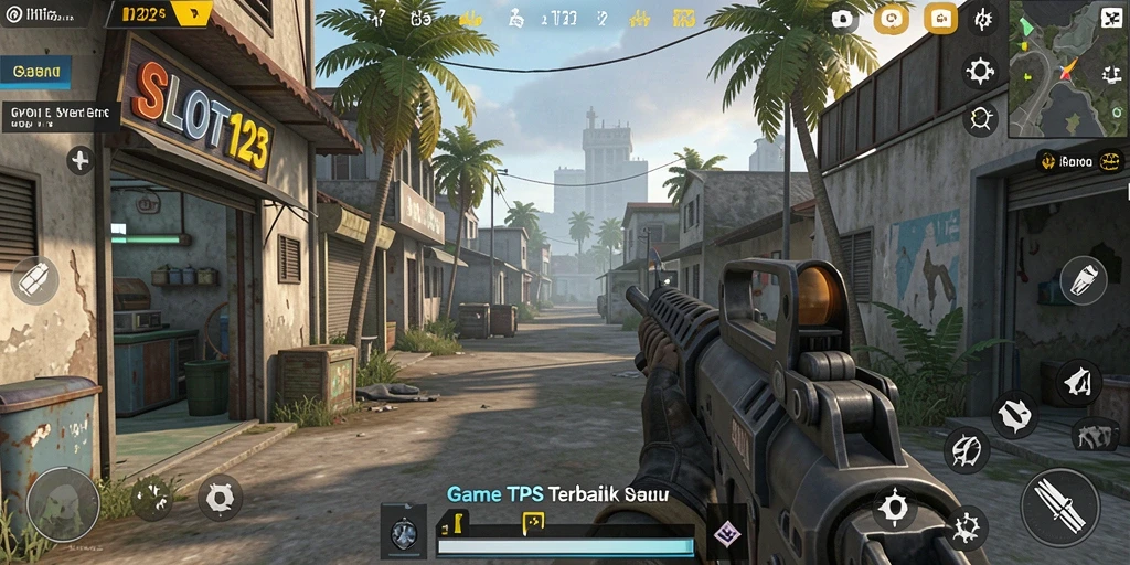 Screenshot SLOT123 menunjukkan aksi seru dalam permainan TPS.